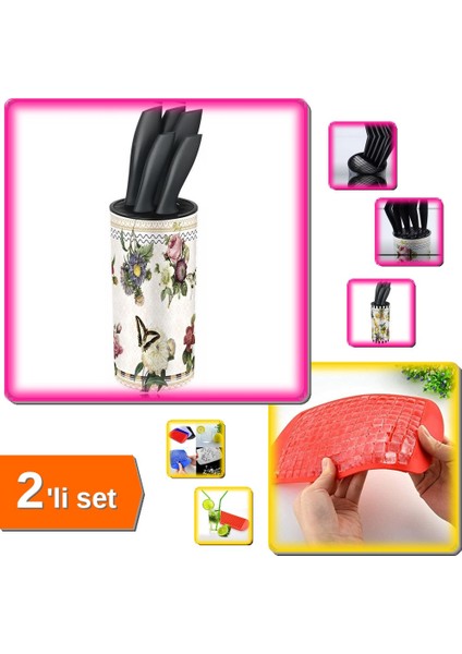 6 Parça Stantlı Şef Bıçak Seti + 160 Bölmeli Mini Küp Silikon Buz Kalıbı - 2li Set Y7B3K9