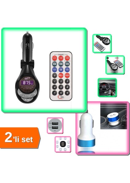 Fm Transmitter Mp3 Player + Çift USB Girişli 2.1 Amp Araç Şarj Aleti - Müziksiz Kalma - 2li Set U01Y