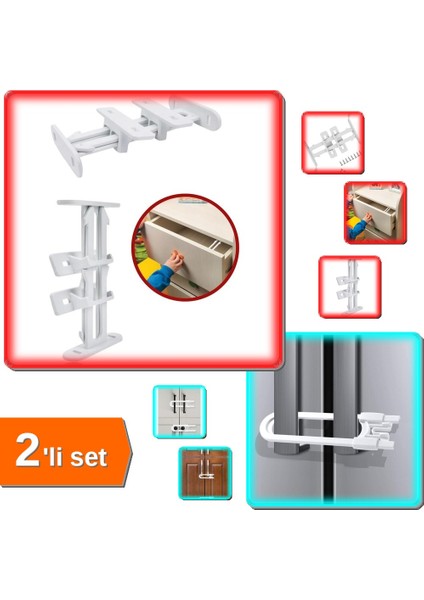Sürgülü Kilit + Slide Dolap Çekmece Kilidi - Dolap Çekmece - Çocuk Koruma Kilidi 2li Set Cpbfc8