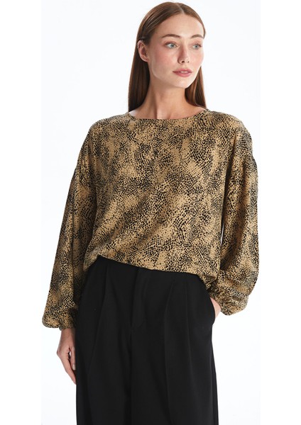 Yeni Sezon Bisiklet Yaka Desenli Uzun Kollu Kadın Bluz