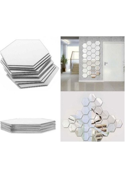 12 Adet Orta Boy Yapışkanlı Dekoratif Akrilik Ayna Altıgen modelleri