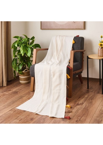 Soft Püsküllü Koltuk Örtüsü - Ekru - 90X210 cm