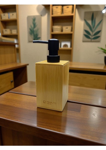 Pablito Home Bambu Sıvı Sabunluk – 17X7 cm | Doğal Ahşap Sabunluk, Mat Siyah Başlıklı