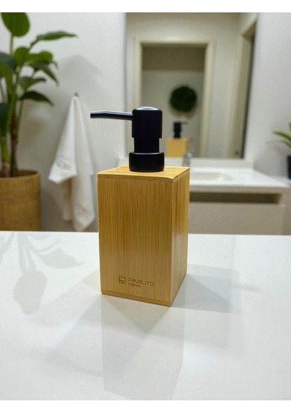 Pablito Home Bambu Sıvı Sabunluk – 17X7 cm | Doğal Ahşap Sabunluk, Mat Siyah Başlıklı