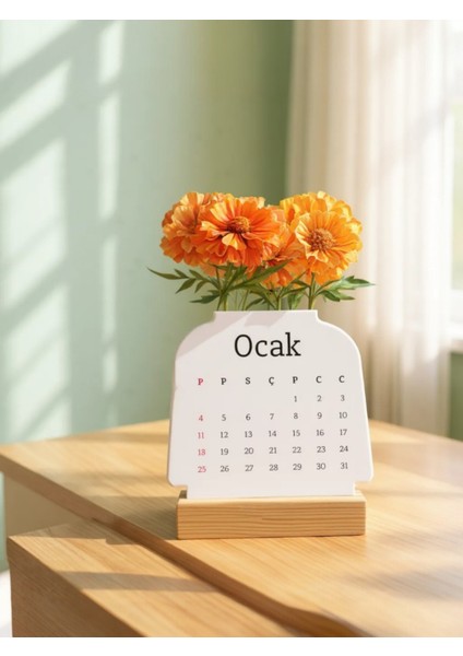 2026 Takvimi, Masa Takvimi, Turuncu Çiçek Ahşap Ayaklı Masa Takvimi 001