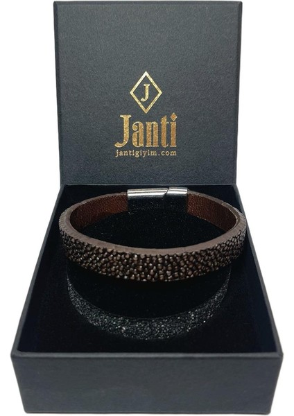 JTAW25BLK1631 Hakiki Vatoz Balığı Derisi Mıknatıs Kapama Kahverengi Garantili Hediye Kutulu Janti Bileklik