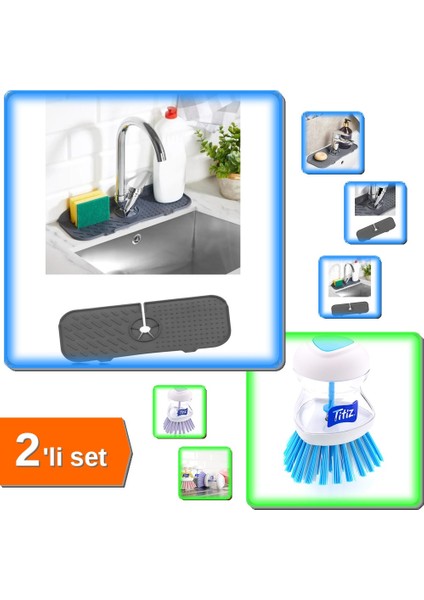 Esnek Musluk Lavabo Matı - Mutfak + Deterjan Hazneli Bulaşık Fırçası - Titiz - Pratik Temizlik Rıbg6