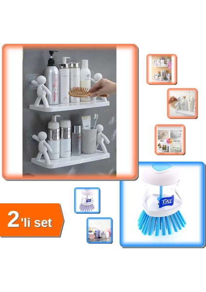 Deterjan Hazneli Bulaşık Fırçası + 2 Adet Özel Raf Baharatlık - Pratik Mutfak Organizeri ABC456