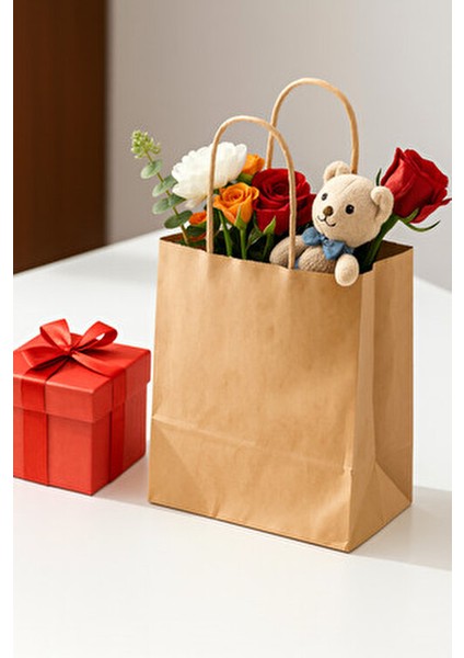 Kraft Hediye Kağıt Çanta 5 Adet Büküm Saplı 25x12x31 cm Doğal ve Şık Tasarım