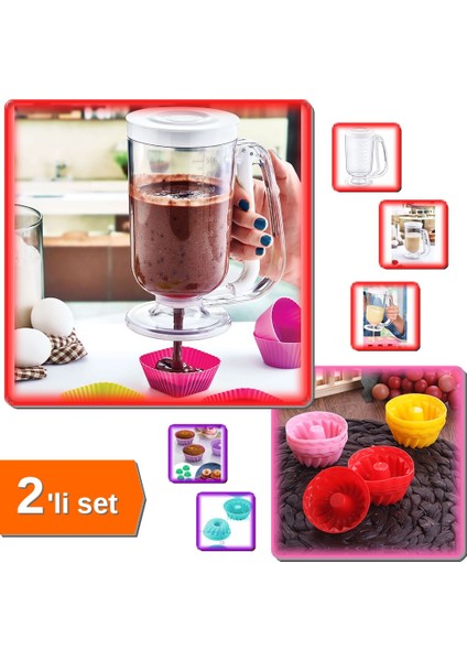 Hamur Dağıtıcı - Krep Makinesi + Muffin Kek Kalıbı Silikon 6 Adet - Mutfak Ürünleri - 2li Set IC2RTA