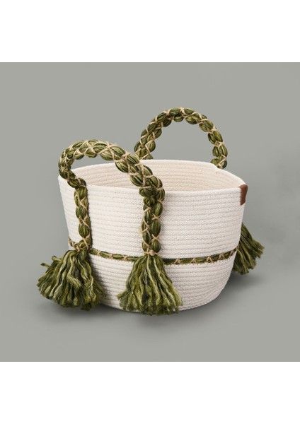 Living Green Culture Dekoratif Sepet - Krem / Yeşil - 25X21 cm