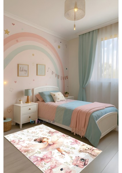 Pembe Balerin Peri Kedili Bambu Çocuk Odası Halısı