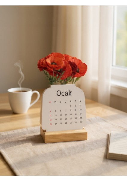 2026 Takvimi, Masa Takvimi, Kırmızı Çiçek Ahşap Ayaklı Masa Takvimi 002