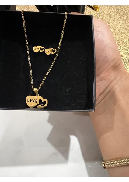 Çelik Altın Kaplama Kalpli Kolye Küpe Set