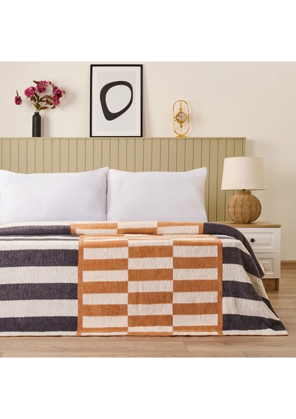 Soft Lemi Pamuklu Çift Kişilik Battaniye - Hardal / Antrasit - 200X220 cm