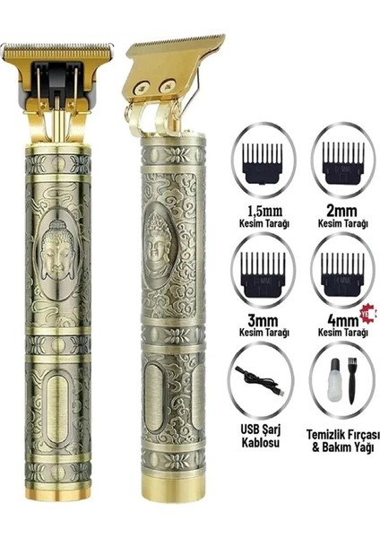 Gold Uçlu Vintage Şarjlı Traş Makinesi Saç Sakal Ense Çizim Vucüt Kılı Tıraş Makinası