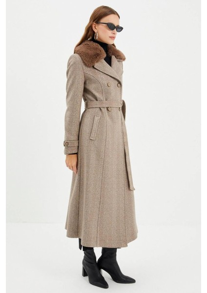 Kürk Detaylı Kruvaze Yaka Kaşe Kaban 13114 Vizon