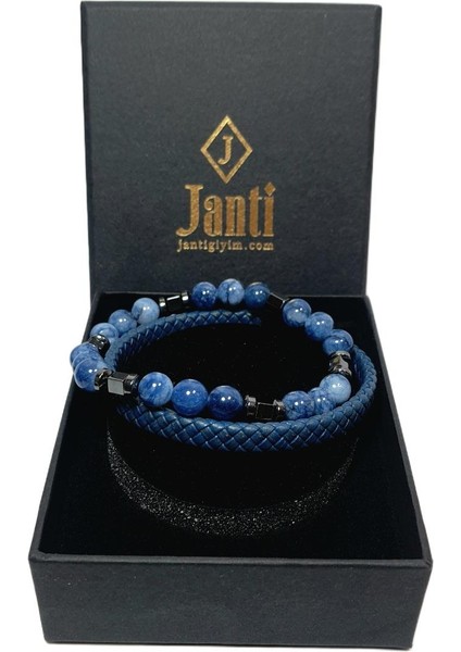 JTAW25BLK1620 Hakiki Deri Mıknatıs Kapama Damarlı Akik ve Hematit Doğaltaş Mavi Garantili Hediye Kutulu Janti Bileklik