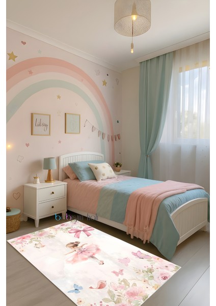 Balerin Kelebek ve Çiçekli Bambu Çocuk Odası Halısı