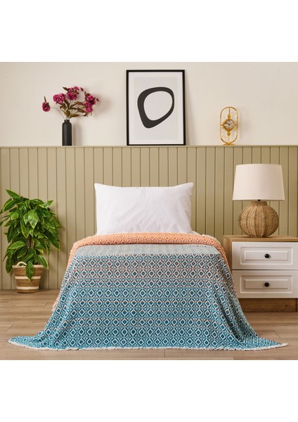 Soft Zemira Pamuklu Tek Kişilik Battaniye - Mavi / Turuncu - 150X200 cm
