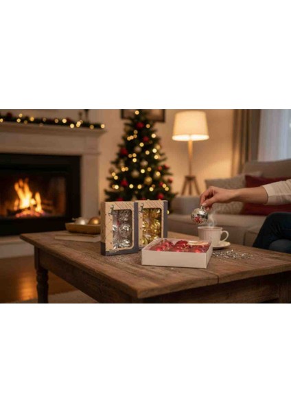 Yılbaşı Desenli Süs Topları 5 cm U Gümüş 6 Gold 6 Kırmızı 18 Ad