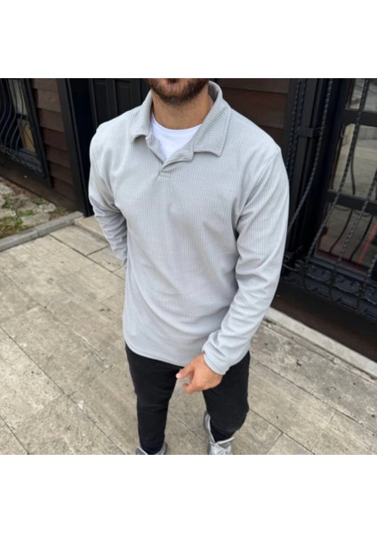 Erkek Fitilli Polar Sweatshirt – Düğmesiz Polo Yaka, Oversize Rahat Kalıp, Kalın Polar Kumaş, Kışlık ve Baharlık Şık Günlük Üst - Gri fiyatları