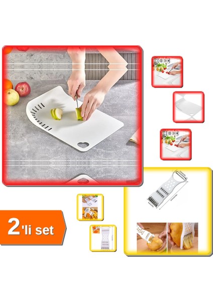 Doğrama Tahtası + Rende Soyacak - 5 Fonksiyonlu Sebze Meyve Soyucu - Mutfak Gereçleri - 2li Set Abwl