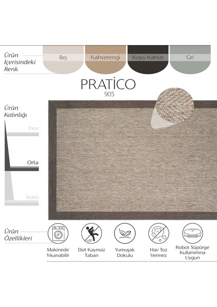 Pratico Kahverengi Mutfak Halısı Dijital Baskı Sisal Hasır Görünüm Kaydırmaz Taban Yıkanabilir Halı fiyatları