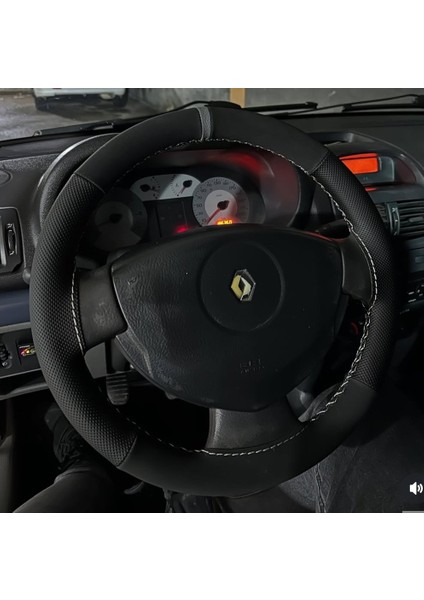 Dikişli Direksiyon Kılıfı Nubuk / Nokta Deri Gri Yüzük Gri Dikişli Reno 2007 Sonrası Için