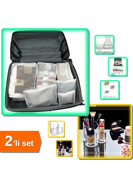 6 Parça Anne Bebek Hastane Çantası + 3 Gözlü Şeffaf Makyaj Organizer - 2li Set AB57PL