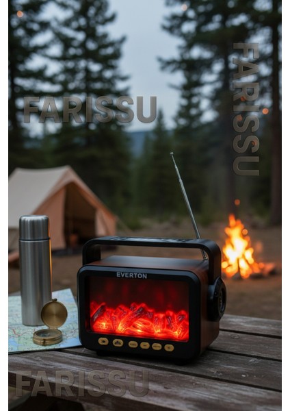 RT-734 Gerçek Eskitme Görünümlü Şömine Efektli Nostaljik Radyo | Güneş Enerjili, Bluetooth\'lu, Fenerli