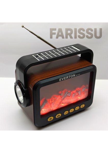 RT-734 Gerçek Eskitme Görünümlü Şömine Efektli Nostaljik Radyo | Güneş Enerjili, Bluetooth\'lu, Fenerli