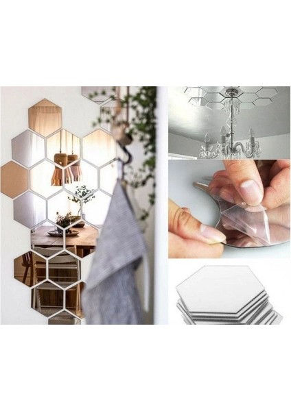 12 Adet Orta Boy Yapışkanlı Dekoratif Akrilik Ayna Altıgen