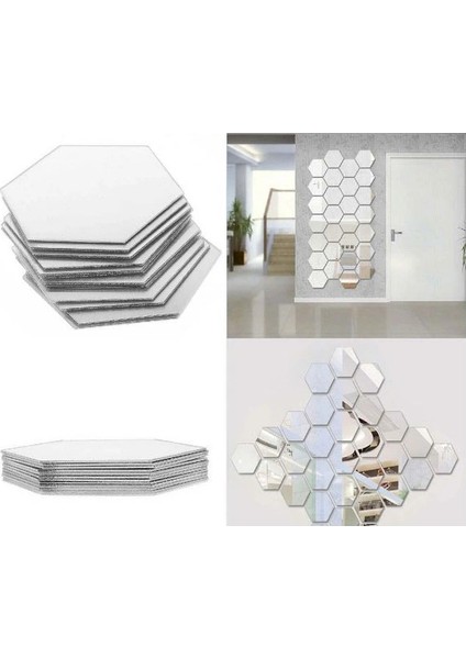 12 Adet Orta Boy Yapışkanlı Dekoratif Akrilik Ayna Altıgen modelleri