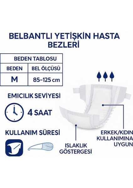 Belbantlı Yetişkin Hasta Bezi M 30’lu (85–125 Cm) modelleri