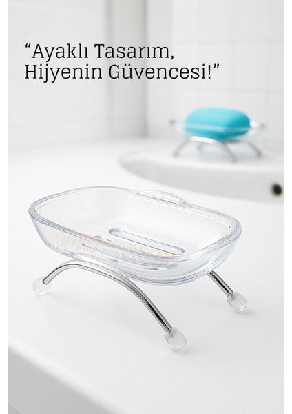 Ayaklı Sabunluk – Su Giderli, Şeffaf Tasarım, 12 x 9 Cm, Tezgah Üstü Kullanım 722346