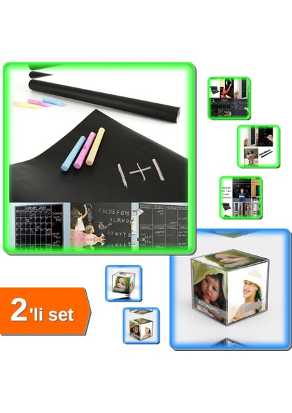 Kübik Fotoğraf Çerçevesi + Yapışkanlı Kara Tahta Sticker - 2li Set YTR890
