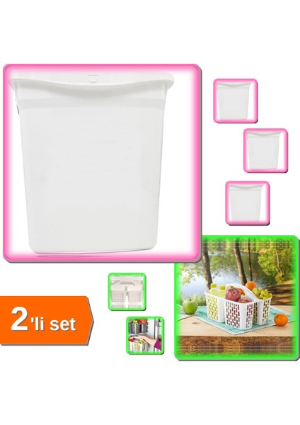 Kilit Kapaklı Kuru Mama Saklama Kutusu 6 Lt + Buzdolabı Düzenleyici Sepet - Beyaz - 2li Set L18OG4