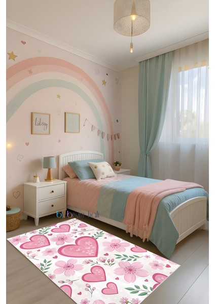 Kalp Bahçesi Çiçekli Kalpli Bambu Çocuk Odası Halısı