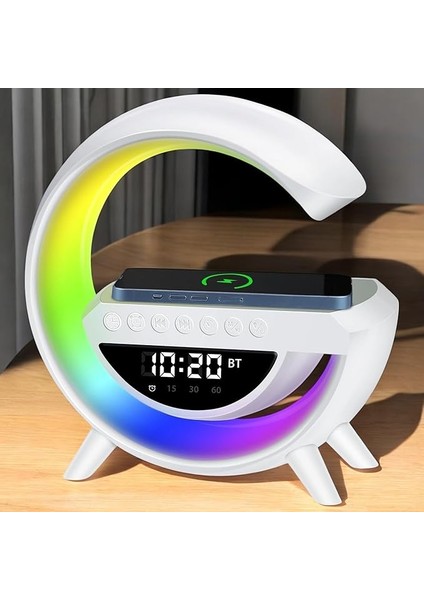 Masa Lambası, Dijital Masa Saati, 15W Kablosuz Şarj, Radyo, Bluetooth Hoparlör, Akıllı Saat, Alarm, Rgb LED Gece Lambası, 13 Mod Rgb Ambiyans Aydınlatma, Aux, Sd Card, USB