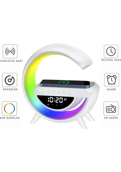 Masa Lambası, Dijital Masa Saati, 15W Kablosuz Şarj, Radyo, Bluetooth Hoparlör, Akıllı Saat, Alarm, Rgb LED Gece Lambası, 13 Mod Rgb Ambiyans Aydınlatma, Aux, Sd Card, USB indirimleri