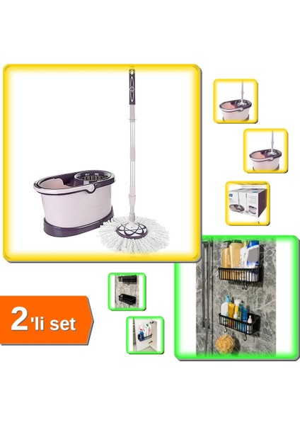 Storm Mafsallı Mop Temizlik Seti + 2 Adet Plastik Yapışkanlı Duş Rafı Organizer - 2li Set R5C7MD