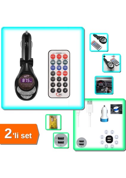 Fm Transmitter Mp3 Player + 3.1 Çıkışlı Çift USB Araç Şarj - 2li Set 6tjkbr