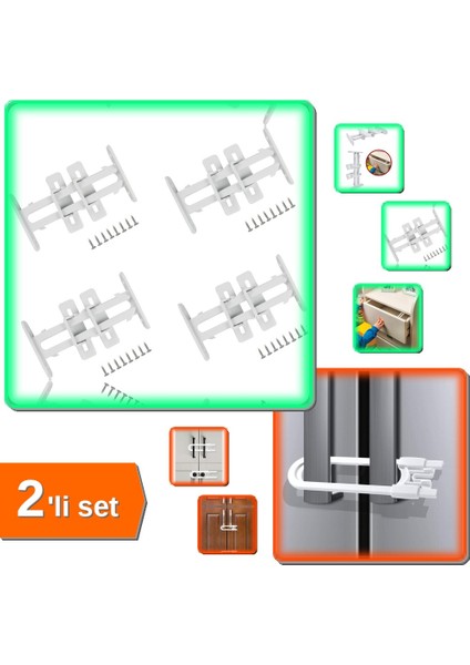 4 Adet Dolap Çekmece Sürgülü + Raylı Dolap Çekmece Kilidi - Sürgülü Koruma Kilidi 2li Set BR8EW1