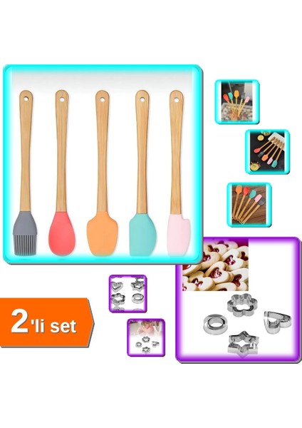 5 Adet Ahşap Saplı Silikon Spatula + 12 Adet Kek Kalıbı - Bisküvi Kalıbı - Fondan - 2li Set 4GY9RA