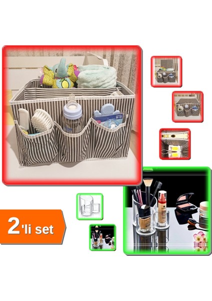 5 Bölmeli Bebek Beşik Başucu Kapaklı Düzenleyici + Makyaj Organizeri Şeffaf - 3 Gözlü - 2li Set K4L2
