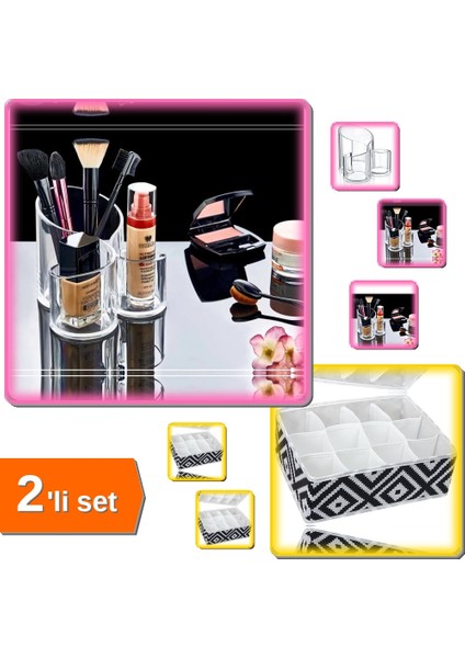 Makyaj Organizeri Şeffaf 3 Gözlü + 12 Bölmeli Mozaik Desen Çekmece Düzenleyici - 2li Set XYZ789