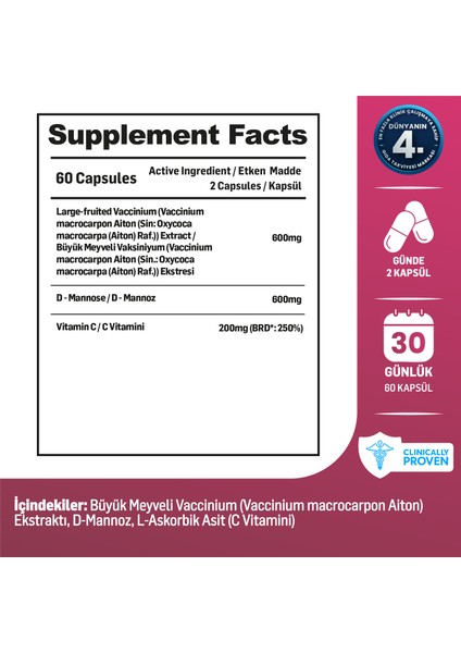 Cranberry, D-mannoz, C Vitamin - Idrar Yolu Sağlığı (60Kapsül & 1400mg) modelleri
