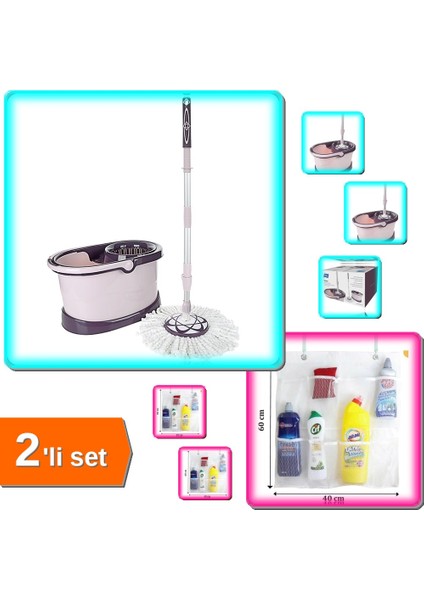 Mafsallı Mop Temizlik Seti + 8 Cepli Askılı File Organizer Düzenleyici - 2li Set TMN7QK