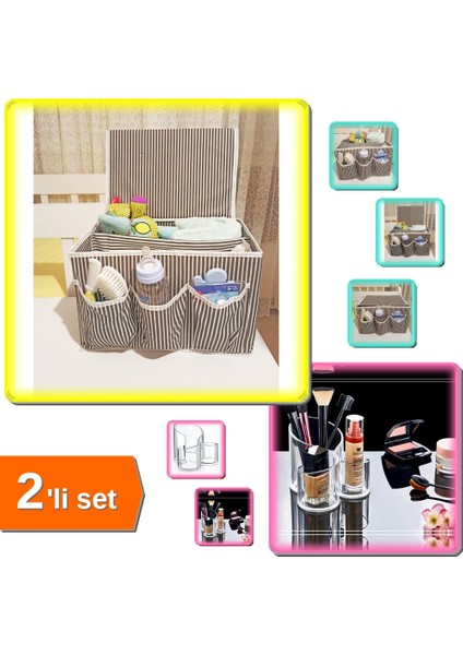 5 Bölmeli Bebek Beşik Başucu Düzenleyici Kapaklı + Makyaj Organizeri - 3 Gözlü - 2li Set Cfrtv7